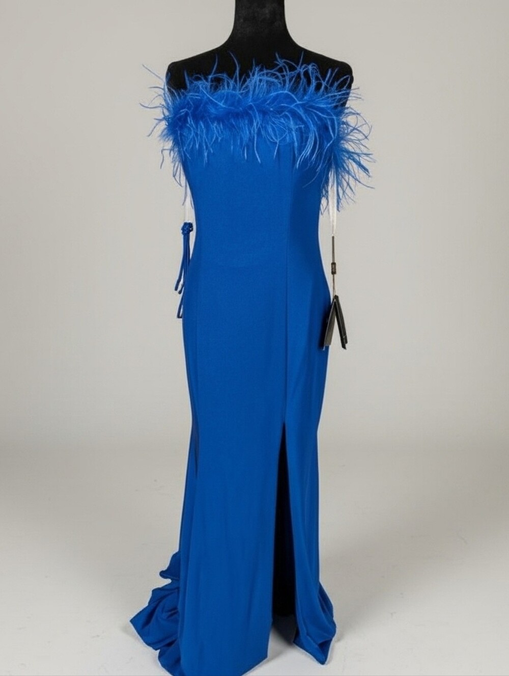 NWT Terani Couture 231P0067 Royal Blue Feather Trim Satin Mermaid Gown 6 $488